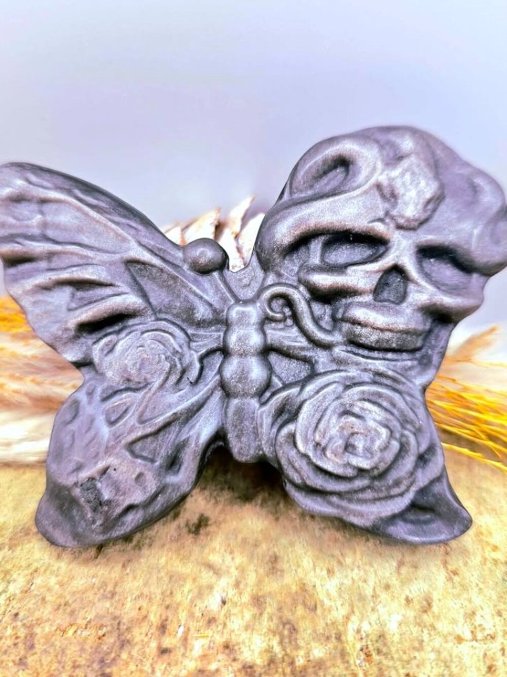 Natural Silver Obsidian Carved Skull & Rose Motif Butterfly Decor Slice